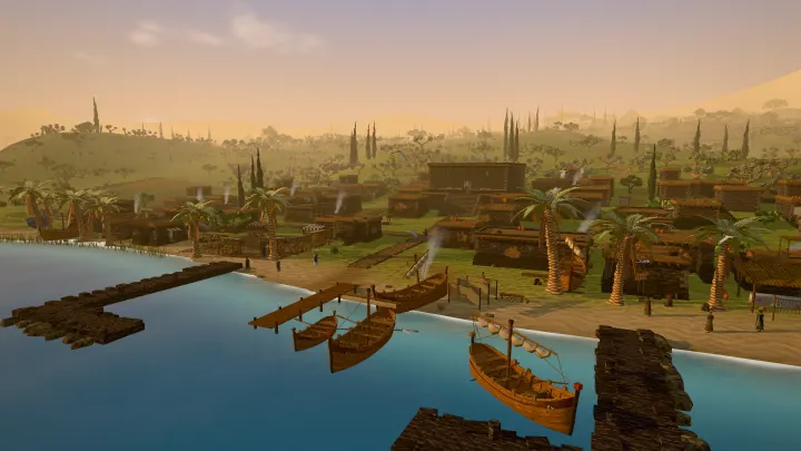 Evening over Capernaum from the water: boats at the jetties, palms, flat-roofed houses and smoke from the cookfires, in the game.